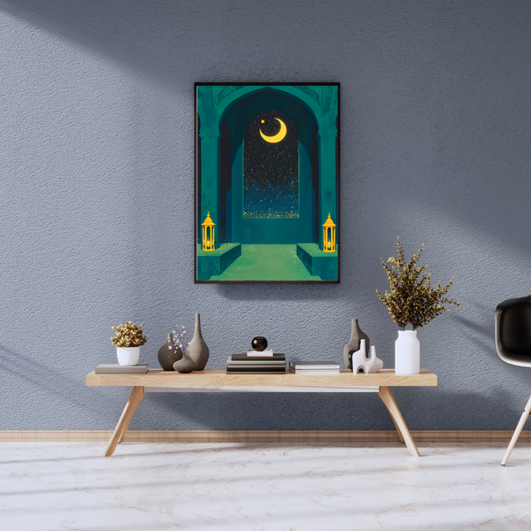 Islamic Crescent Moon Wall Frame – Lantern & Star Night Art