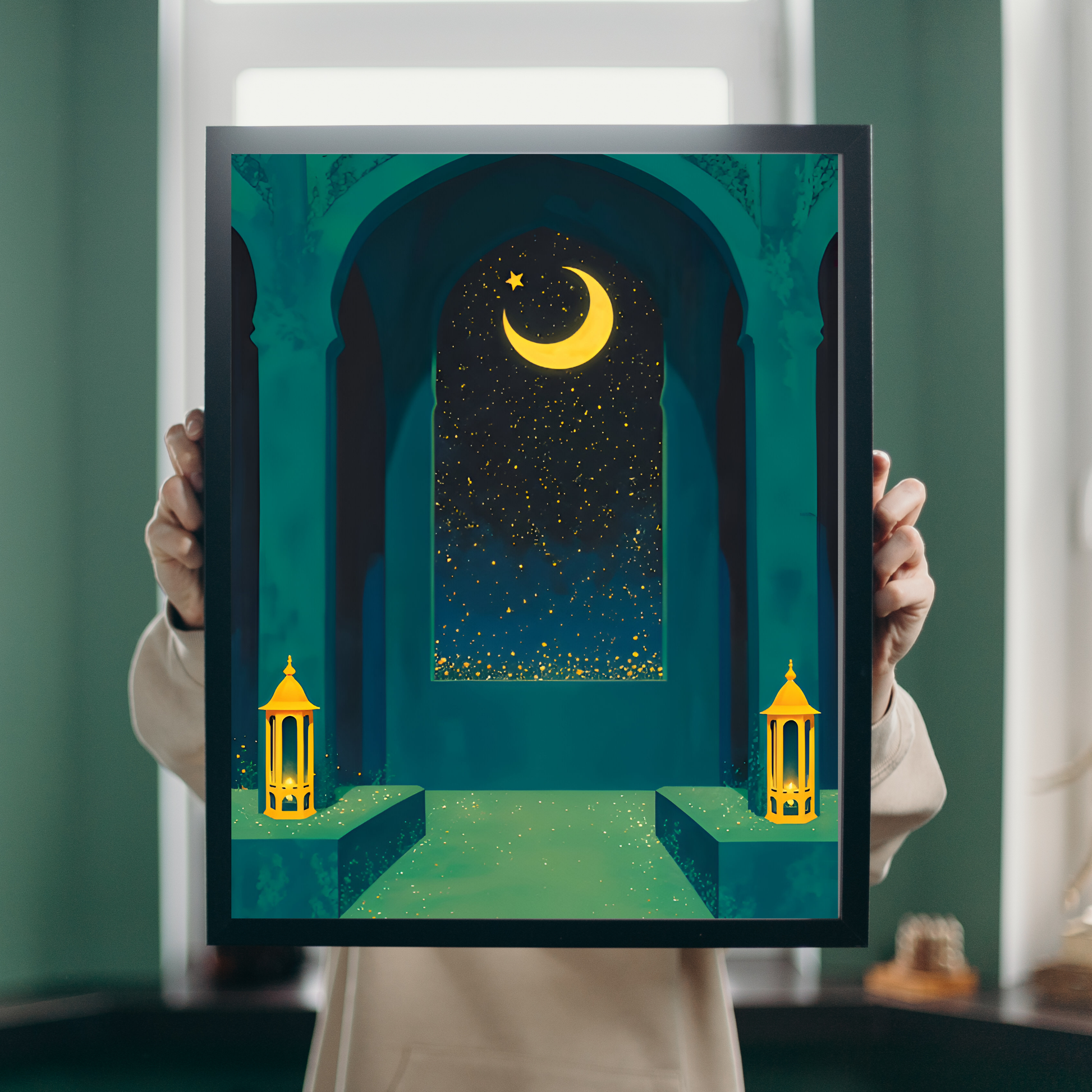 Islamic Crescent Moon Wall Frame – Lantern & Star Night Art