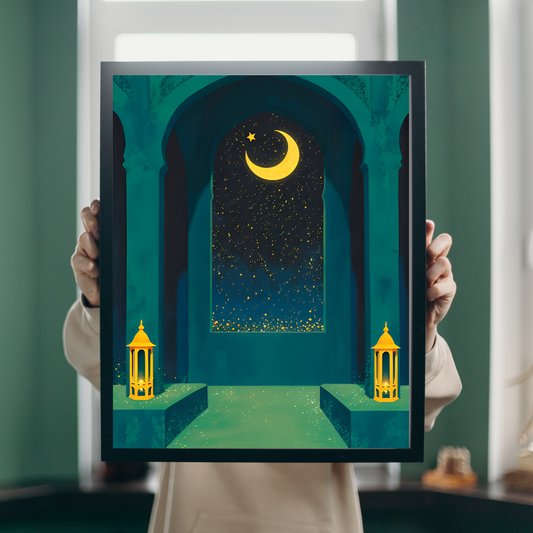 Islamic Crescent Moon Wall Frame – Lantern & Star Night Art