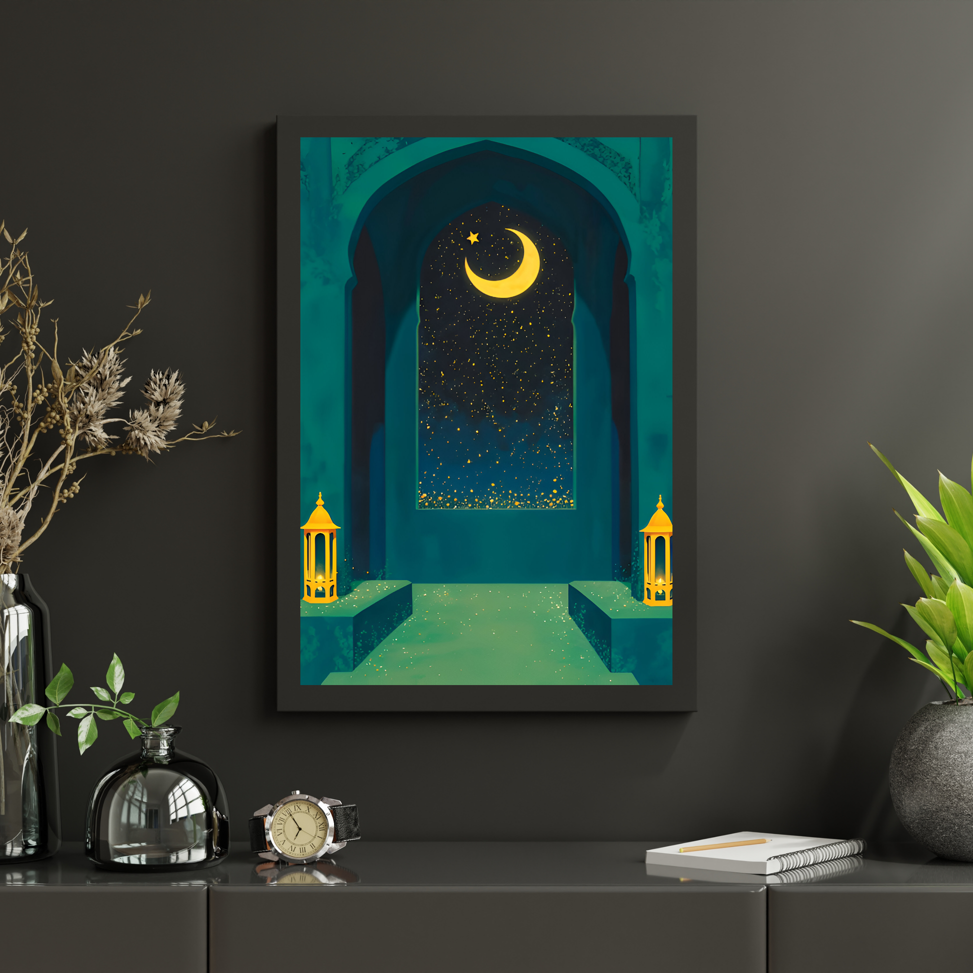 Islamic Crescent Moon Wall Frame – Lantern & Star Night Art
