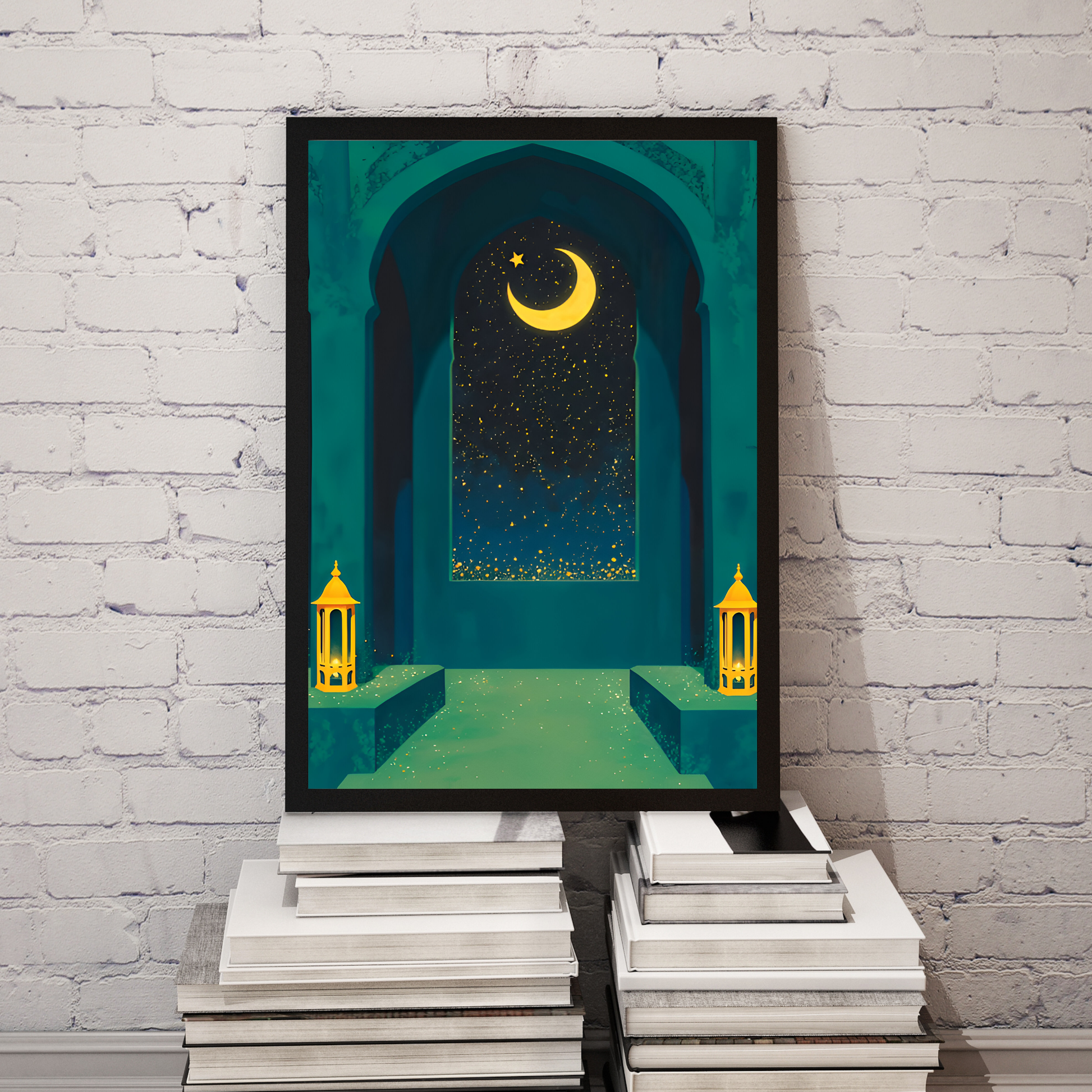 Islamic Crescent Moon Wall Frame – Lantern & Star Night Art