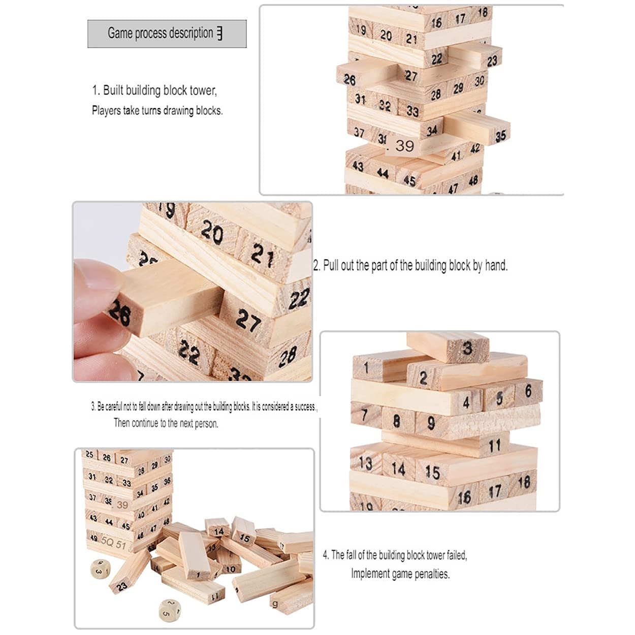 Amisha Gift Gallery 48 Pcs 3 Dice Challenging Wooden Blocks Games for Adults and Kids, Tumbling Tower Stacking Toys with Dices Board Best Educational Puzzle Game