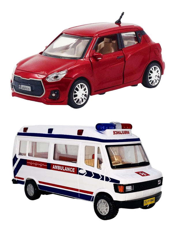 PRIYVI Car Toy for Kids Combo of Pull Back Action Swift Car with Ambulance Traveller Toy Car for Kids and Boys (Color May Vary)