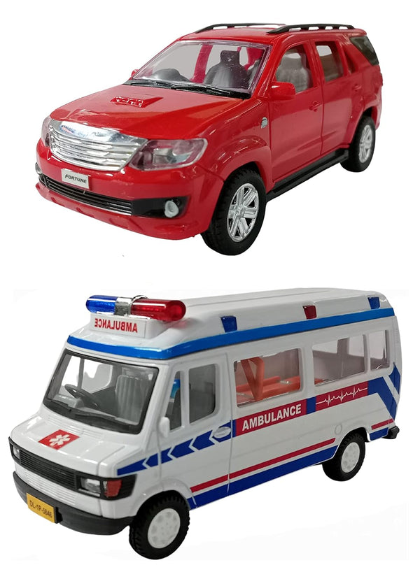 PRIYVI Car Toy for Kids Combo of Pull Back Action SUV Fortuner Car with Ambulance Traveller Toy Car for Kids and Boys (Color May Vary)