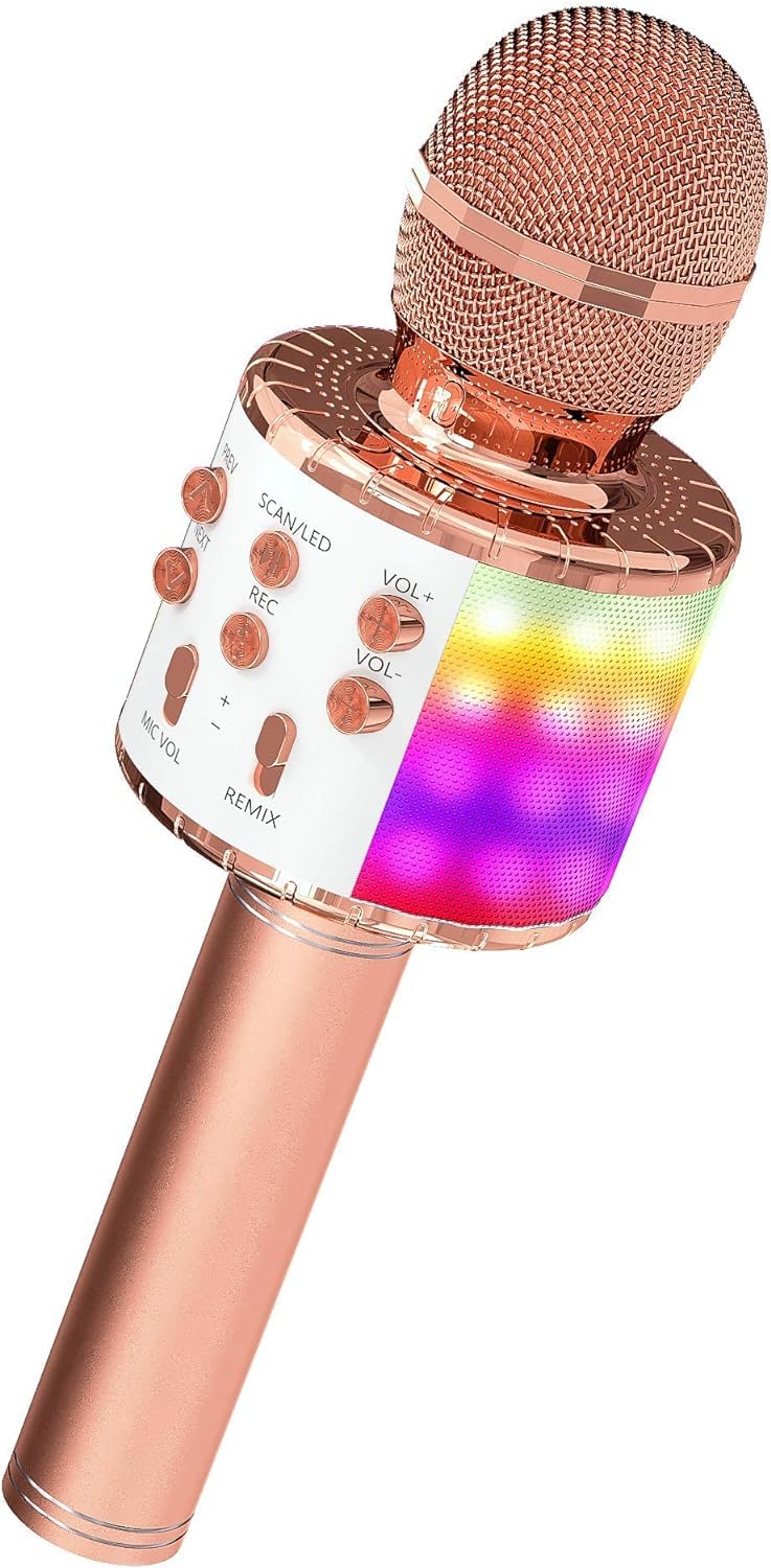 Amisha Gift Gallery Karaoke Mic with Speaker Bluetooth, Wireless Bluetooth with LED Lights, Portable Handheld Mike for Singing, Great Gifts Toys Assorted Colour