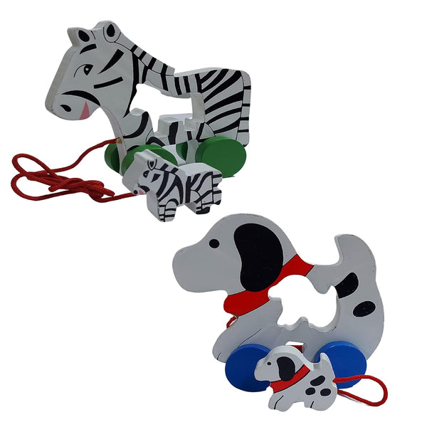 Amisha Gift Gallery Wooden Pull Along Toy - Beautiful Pull Along Toy for Baby Boy & Girl - The Best Toy for 1-Year Old's and up- Outdoor & Indoor Toy for Babies & Toddlers (Dog and Zebra)