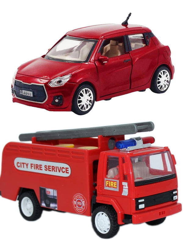PRIYVI Car Toy for Kids Combo of Pull Back Action Swift Car with Fire Tender Truck Toy Car for Kids and Boys (Color May Vary)