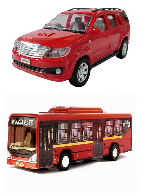 PRIYVI Car Toy for Kids Combo of Pull Back Action SUV Fortuner Car with Low Floor City Bus Toy Car for Kids and Boys (Color May Vary)