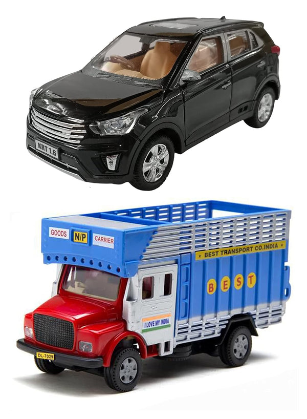 PRIYVI Car Toy for Kids Combo of Pull Back Action Creta KRT Car with Public Truck Toy Car for Kids and Boys (Color May Vary)