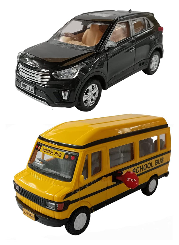 PRIYVI Car Toy for Kids Combo of Pull Back Action Creta KRT Car with School Bus Toy Car