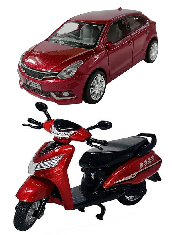 PRIYVI Car Toy for Kids Combo of Pull Back Action Baleno Car with Scooty Bike Toy Car for Kids and Boys (Color May Vary)