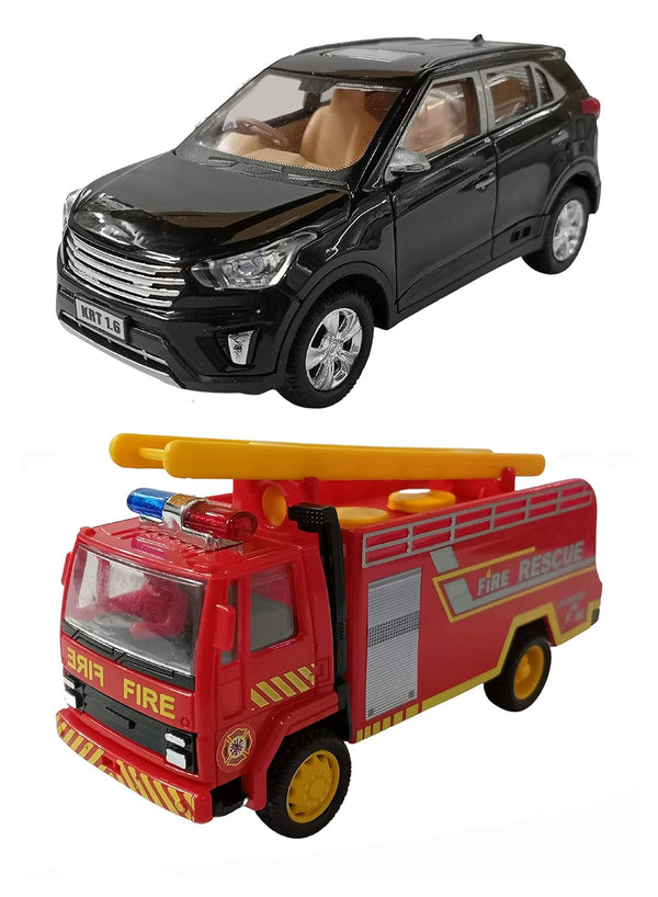 PRIYVI Car Toy for Kids Combo of Pull Back Action Creta KRT Car with Fire Tender Truck Toy Car for Kids and Boys (Color May Vary)