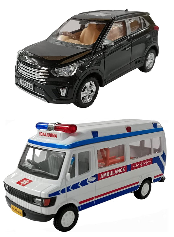PRIYVI Car Toy for Kids Combo of Pull Back Action Creta Car with Ambulance Traveller Toy Car for Kids and Boys (Color May Vary)