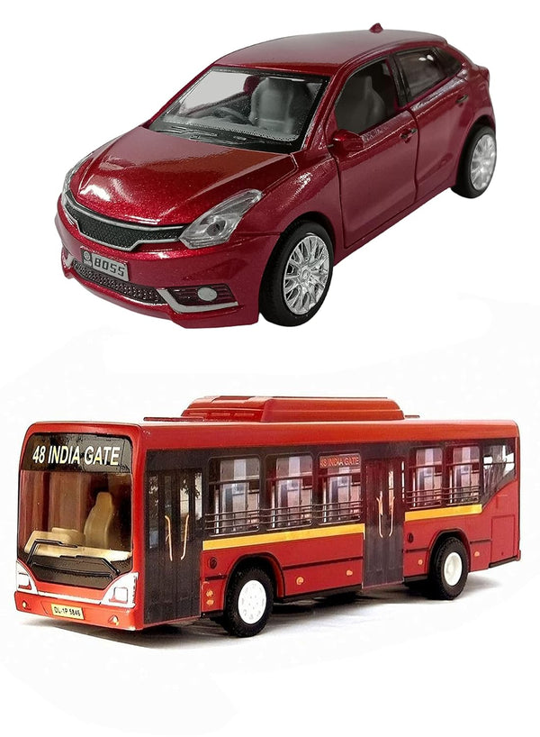 PRIYVI Car Toy for Kids Combo of Pull Back Action Baleno Car with Low Floor City Bus Toy Car for Kids and Boys (Color May Vary)