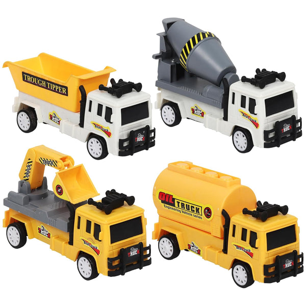 Amisha Gift Gallery Truck Toys for Kids Construction Push and Go Car Cement Mixer Truck Dumper Oil Tanker Excavator Truck Toys for 1 2 3 Year Old Boy Girl Baby Kids, Pack of 4