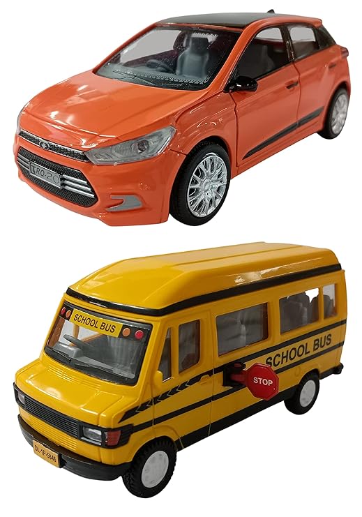 PRIYVI Car Toy for Kids Combo of Pull Back Action i20 Car with School Bus Toy Car for Kids and Boys (Color May Vary)