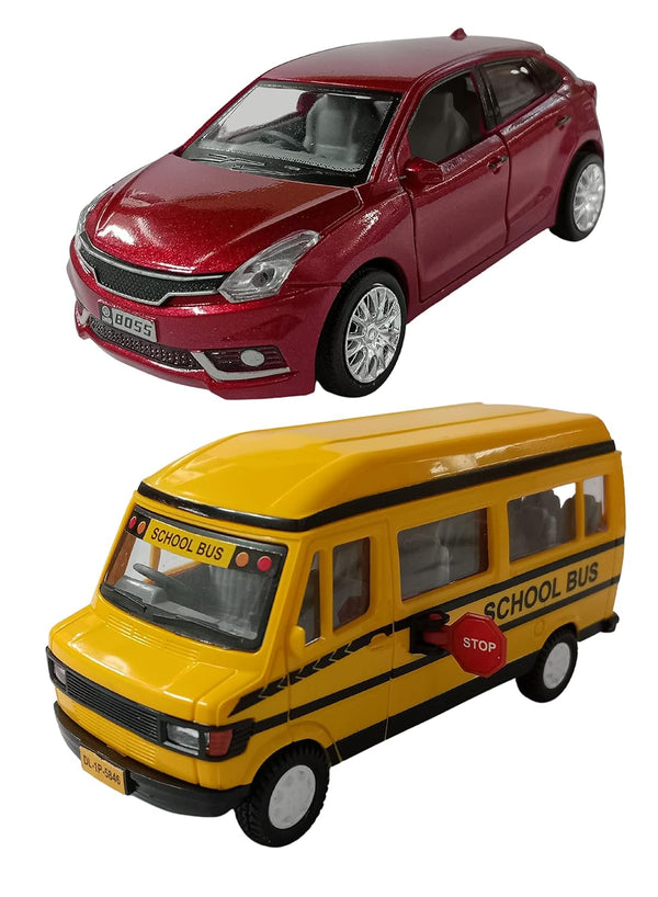 PRIYVI Car Toy for Kids Combo of Pull Back Action Baleno Car with School Bus Toy Car for Kids and Boys (Color May Vary)