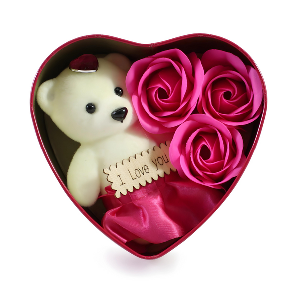 Dark Pink & White Heart Shaped Gift Box with Teddy Bear And 3 Roses