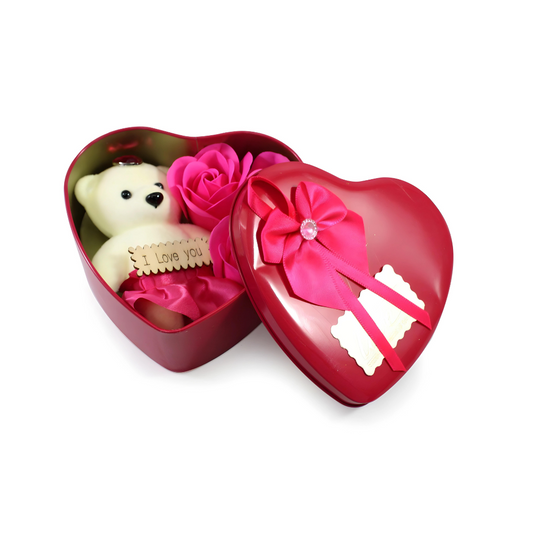 Dark Pink & White Heart Shaped Gift Box with Teddy Bear And 3 Roses