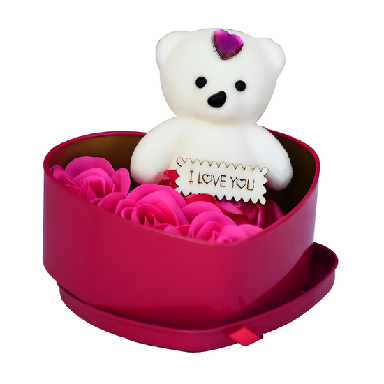Dark Pink & White Heart Shaped Gift Box with Teddy Bear And 3 Roses