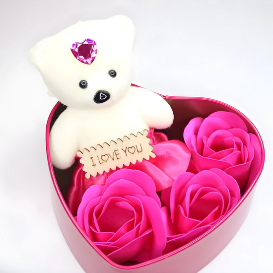 Dark Pink & White Heart Shaped Gift Box with Teddy Bear And 3 Roses