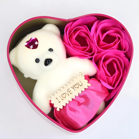 Dark Pink & White Heart Shaped Gift Box with Teddy Bear And 3 Roses