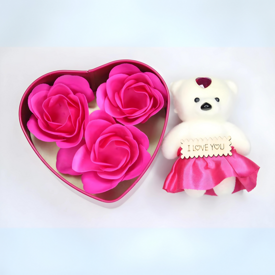 Dark Pink & White Heart Shaped Gift Box with Teddy Bear And 3 Roses
