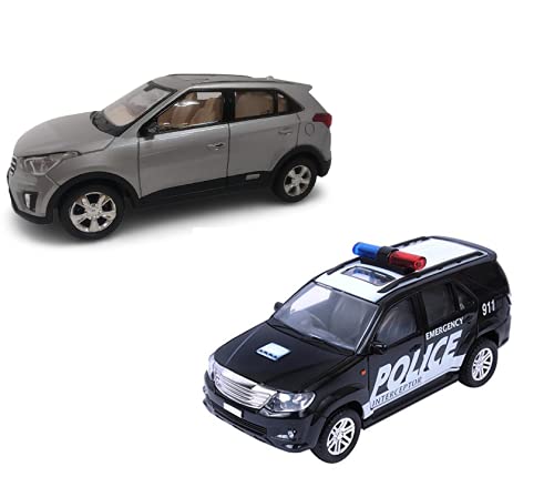 PRIYVI Car Toy for Kids Combo of Pull Back Action Creta KRT Car with PCR Police Toy Car for Kids and Boys (Color May Vary)